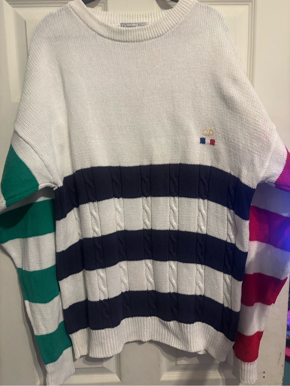 Dior White Crewneck Sweater with Navy Stripes and Green & Red Sleeve Blocks